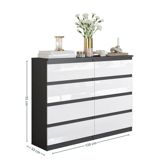 GABRIEL - Commode 8 Tiroirs - Buffet de Chevet - H92 cm L120 cm P33 cm (Anthracite / Blanc Brillant)