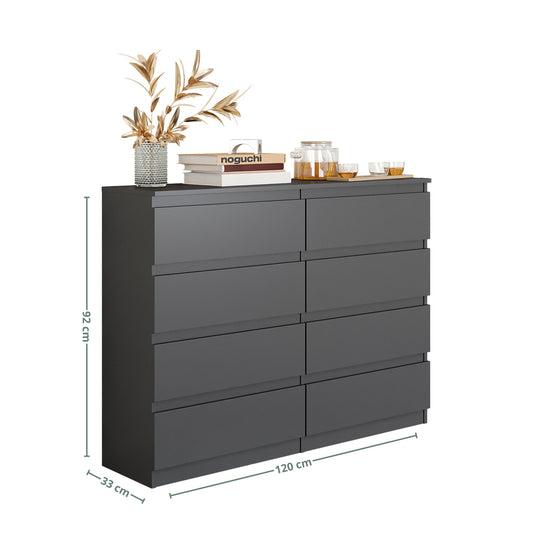 GABRIEL - Commode 8 Tiroirs - Buffet de Chevet - H92 cm L120 cm P33 cm (Anthracite)