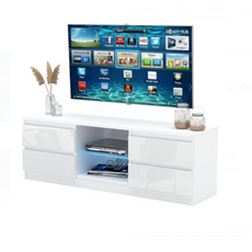 MARCO - Meuble TV - 4 Tiroirs et 1 Étagère en Verre - H45cm L120cm P35cm (Blanc/Blanc Brillant)