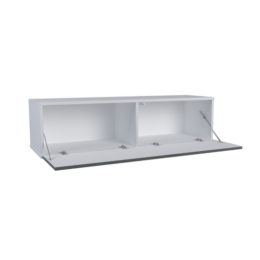 NICOLE - Meuble TV avec Porte Large H38cm L140cm P35cm - Blanc / Anthracite Brillant