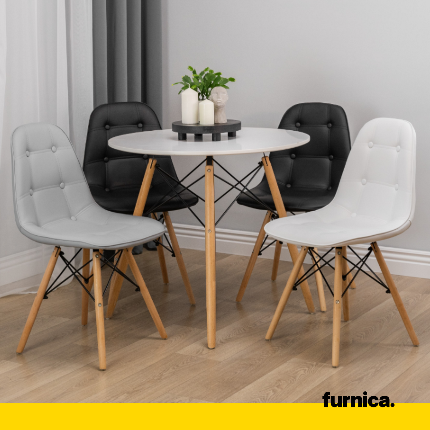 ANGELO - Chaise de Salle à Manger / Bureau en Cuir Écologique de Qualité avec Boutons et Pieds en Bois - Noir