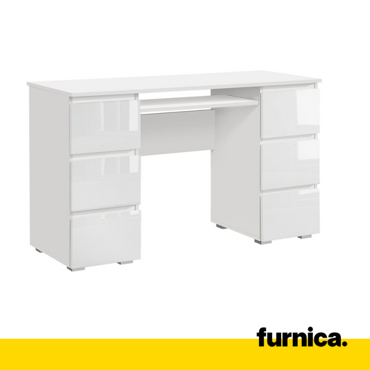 CUBA - Bureau d'ordinateur - 6 Tiroirs à Ouverture par Pression et Plateau pour Clavier - H78cm L130cm P50cm (Blanc/Blanc Brillant)