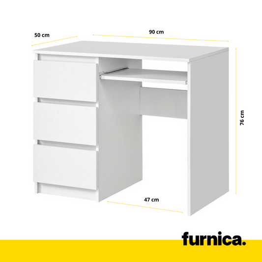 BRUNO - Bureau d'ordinateur - 3 Tiroirs et Plateau pour Clavier - H76cm L90cm P50cm - Gauche (Blanc)