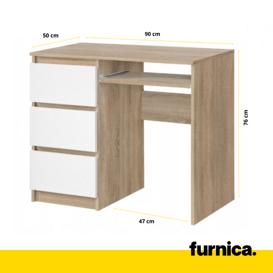 BRUNO - Bureau d'ordinateur - 3 Tiroirs et Plateau pour Clavier - H76cm L90cm P50cm - Gauche (Chêne Sonoma/Blanc)