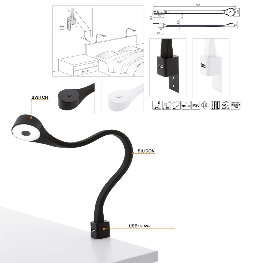 2 Lampes à LED de chambres avec USB + Source de courant (F02)