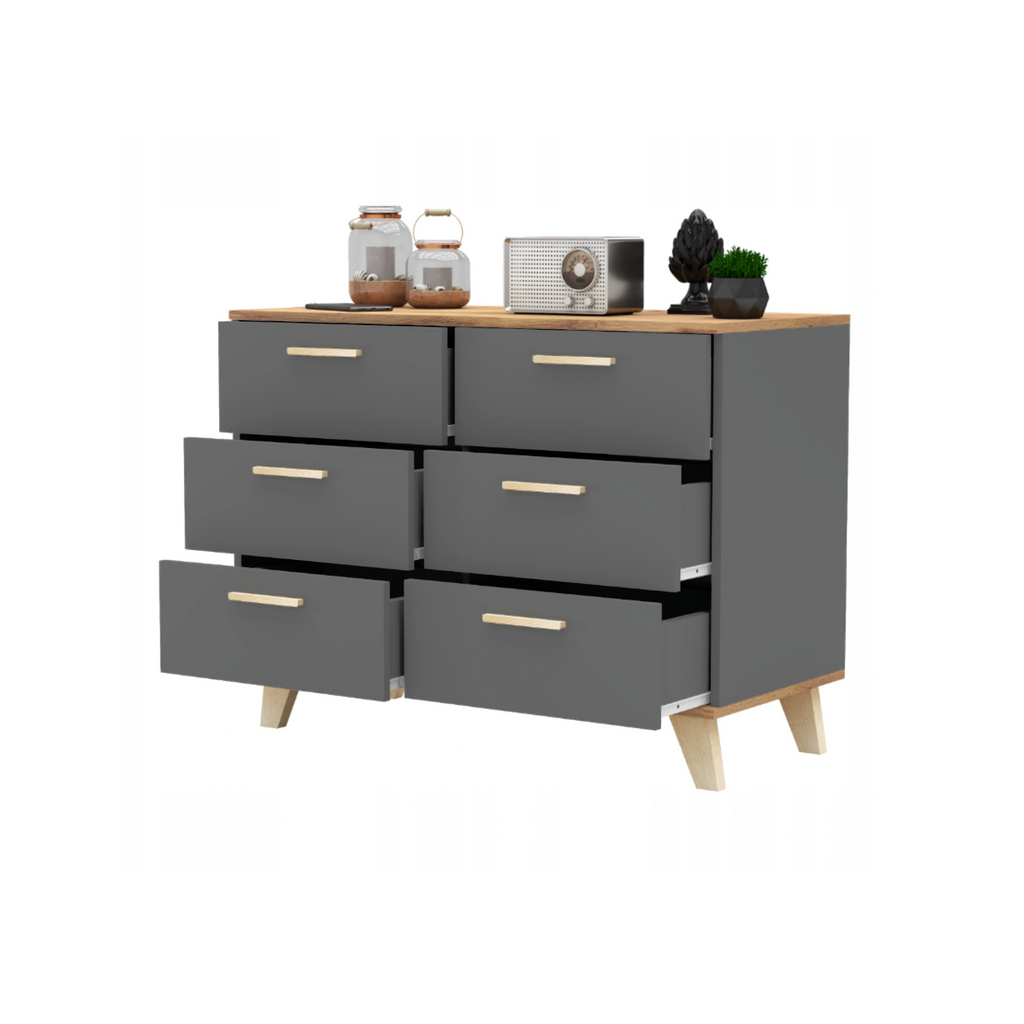 INGRID - Commode Scandinave 6 Tiroirs - H75cm L100cm P45cm (Anthracite/Chêne Wotan)