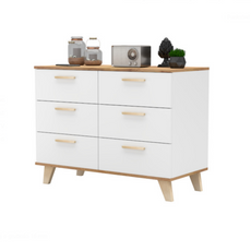 INGRID - Commode Scandinave 6 Tiroirs - H75cm L100cm P45cm (Blanc/Chêne Wotan)