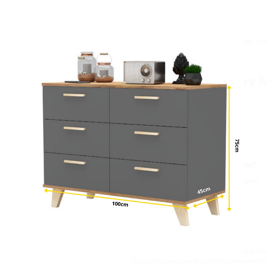 INGRID - Commode Scandinave 6 Tiroirs - H75cm L100cm P45cm (Anthracite/Chêne Wotan)