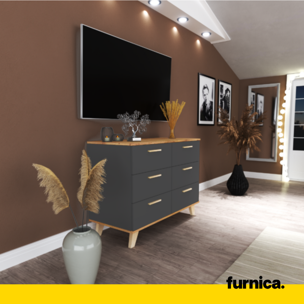 INGRID - Commode Scandinave 6 Tiroirs - H75cm L100cm P45cm (Anthracite/Chêne Wotan)