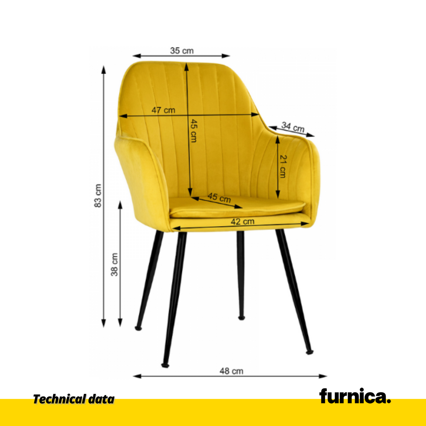 AMEDEO - Chaise de Salle à Manger / Bureau en Velours Matelassé avec Pieds en Chrome Noir - Jaune