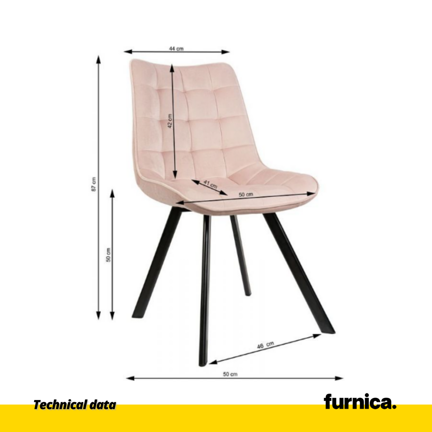 BARTOLOMEO - Chaise de Salle à Manger / Bureau en Velours Matelassé avec Pieds en Métal Noir - Rose