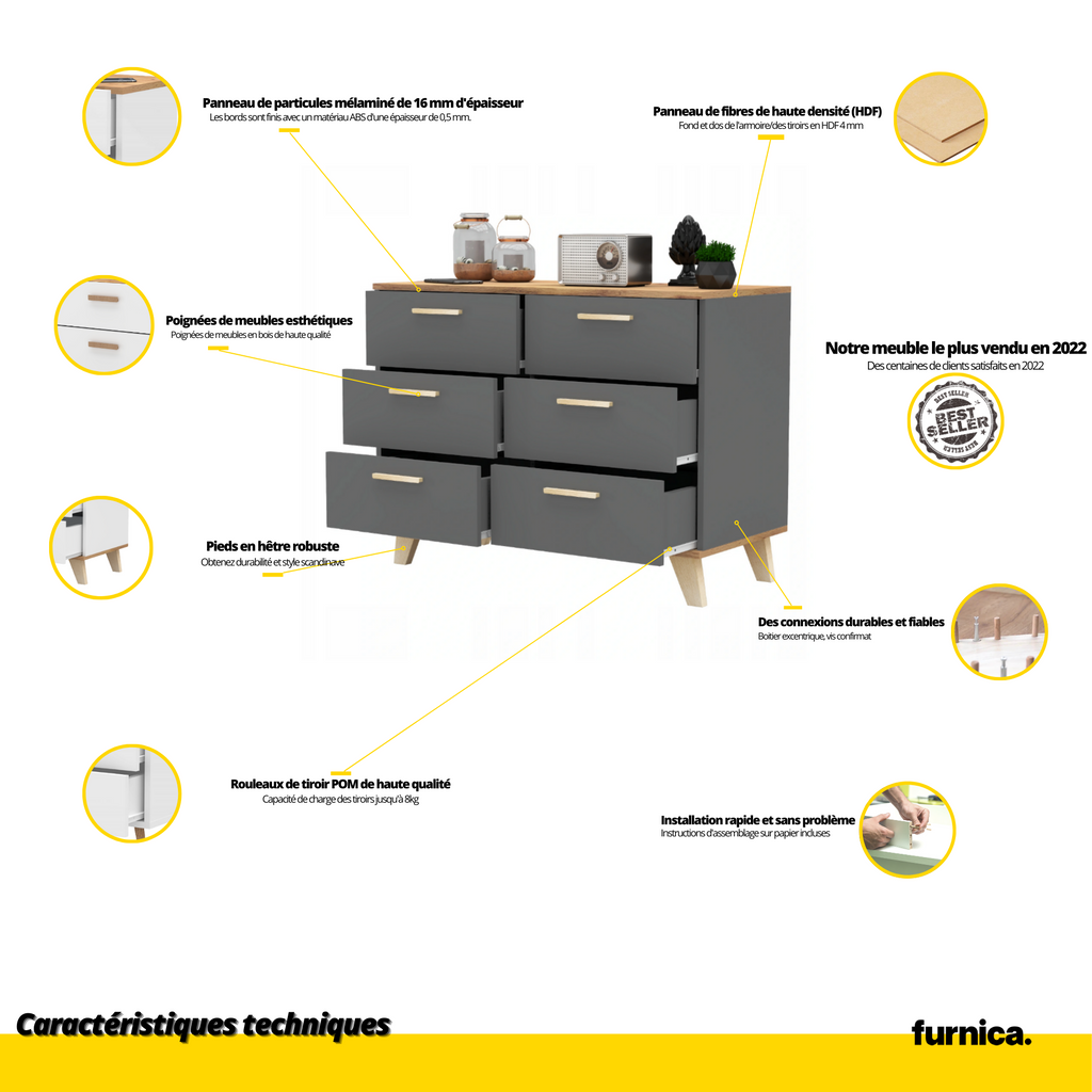 INGRID - Commode Scandinave 6 Tiroirs - H75cm L100cm P45cm (Anthracite/Chêne Wotan)