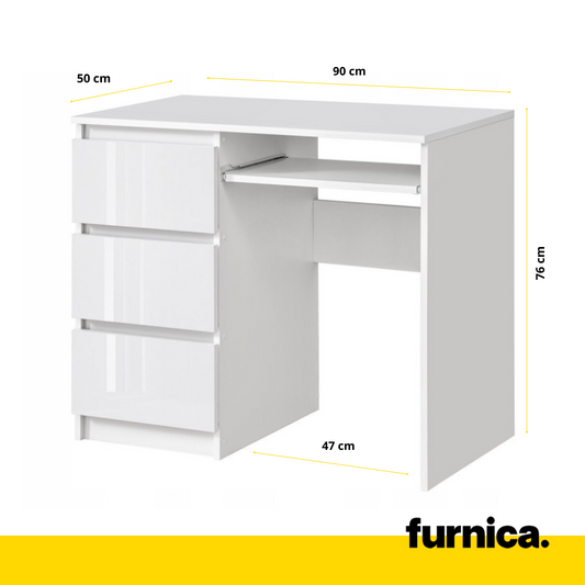 BRUNO - Bureau d'ordinateur - 3 Tiroirs et Plateau pour Clavier - H76cm L90cm P50cm - Gauche (Blanc/Blanc Brillant)