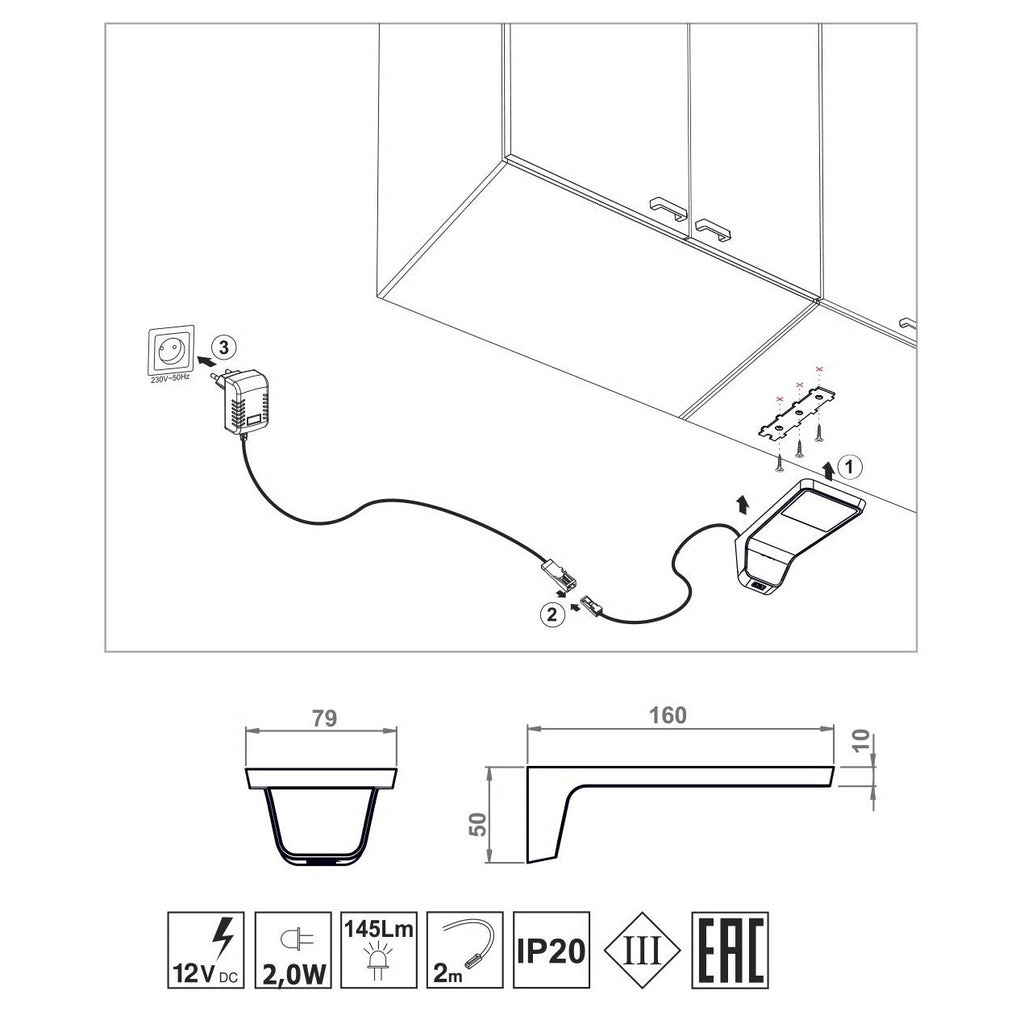 3 lampes supérieures du cabinet LED + Source de courant (F03)