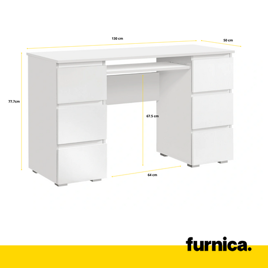 CUBA - Bureau d'ordinateur - 6 Tiroirs à Ouverture par Pression et Plateau pour Clavier - H78cm L130cm P50cm (Blanc)