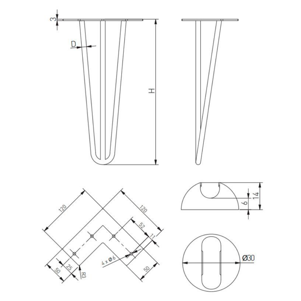 Pied de meuble 710mm - Noir
