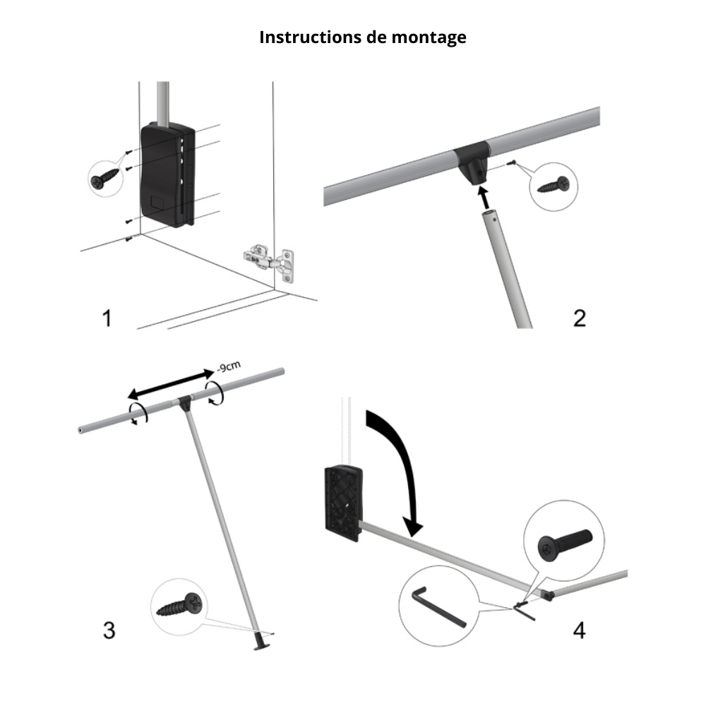 Barre de penderie escamotable - boîtier noir 450-600mm