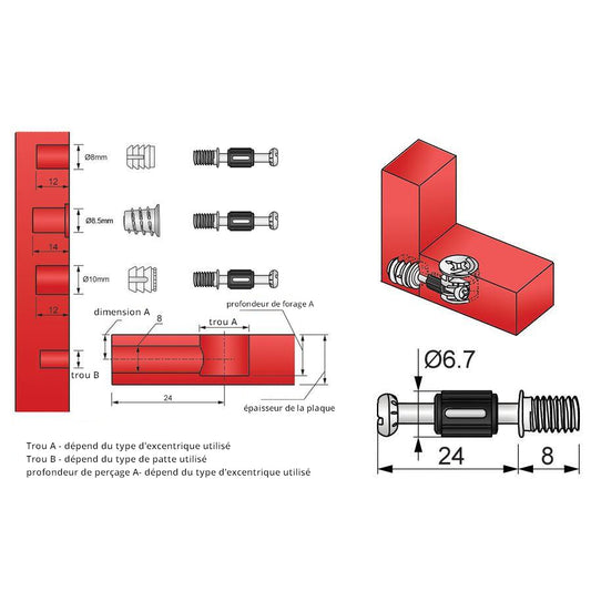 Goujons à Visser 24mm avec Vis M6 filetage - 1000 pièces