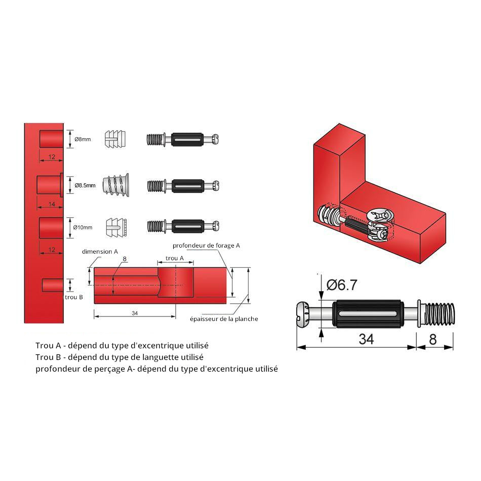 Goujons à Visser 34mm avec Vis M6 filetage -100 pièces