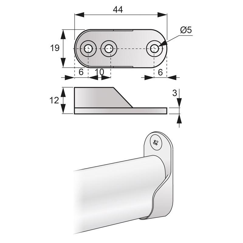 Fixation pour barre ovale de 15x30mm, Nickel