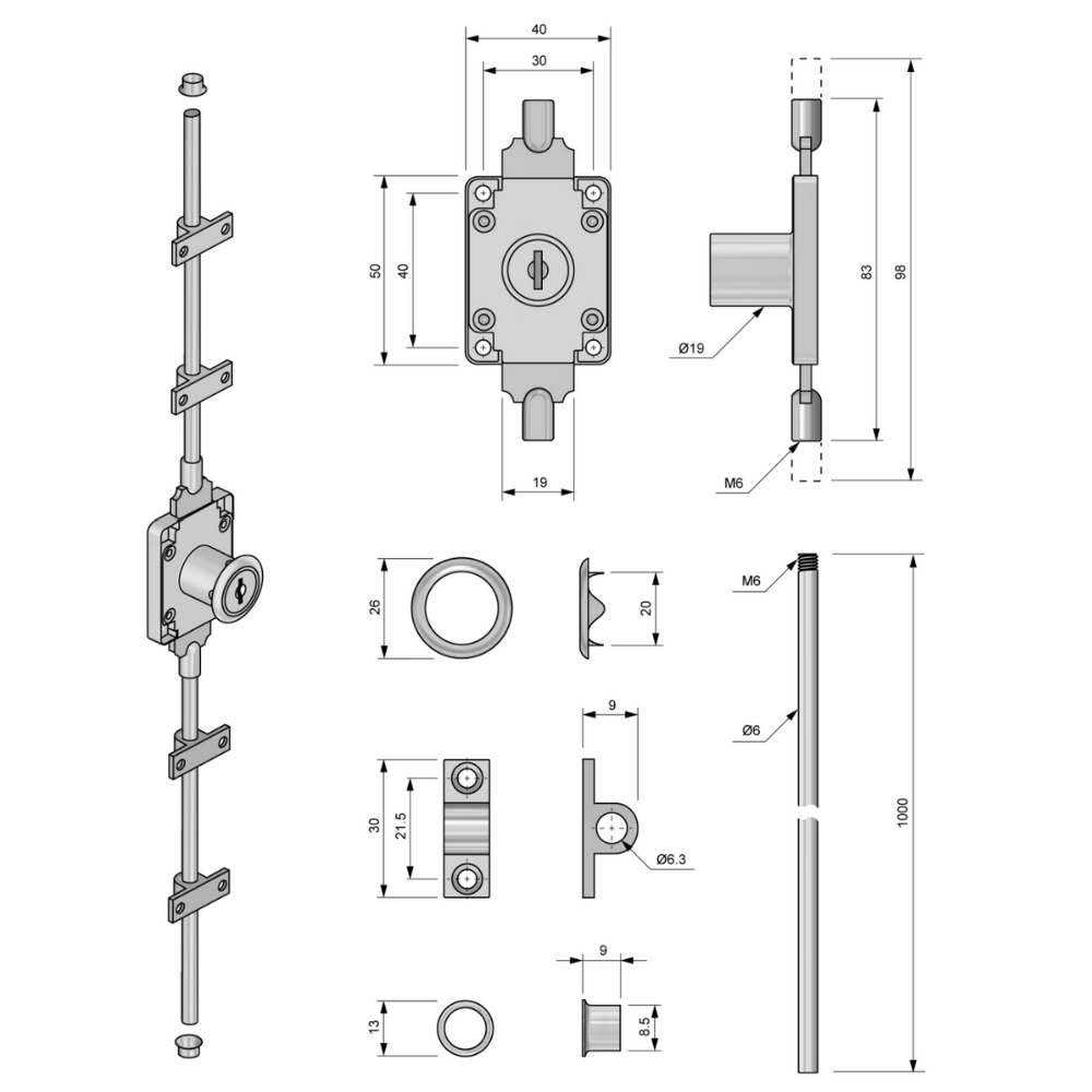 Serrure à barre extensible 19x22mm, 2 barres L-1000mm, Chrome
