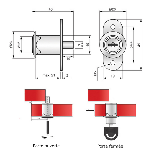 Serrure de boîte aux lettres pour portes coulissantes 19x24mm, chrome