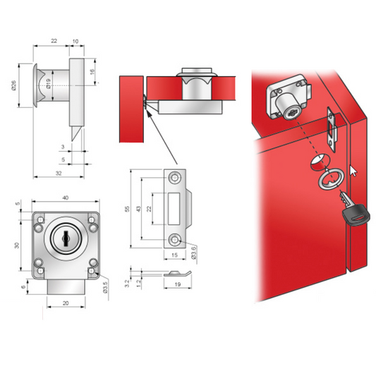 Serrure de meuble avec loquet 19x22mm, Chrome