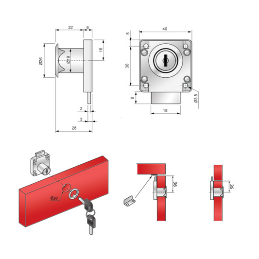 Serrure de meuble carrée 19x22mm, nickel