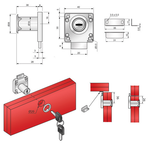 Serrure de meuble carrée 19x38mm, chrome