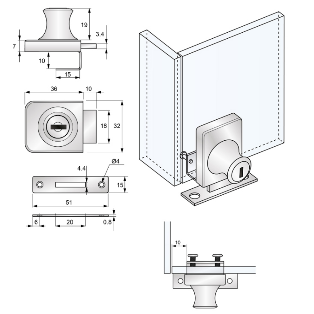 Serrure pour porte simple en verre