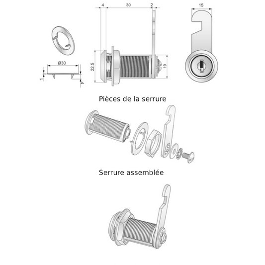 Verrou de boîte aux lettres avec plaque à came à crochet 19x30mm, chrome