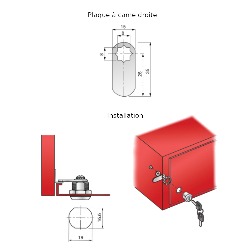 Verrou de boîte aux lettres avec plaque à came droite 19x16mm, Chrome