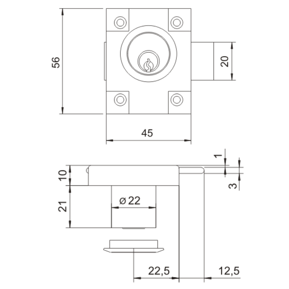 Serrure pour meubles 22x21mm