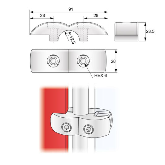 Connecteur de carte et de verre double face de 25 mm, Chrome (avec empiècements) NTP