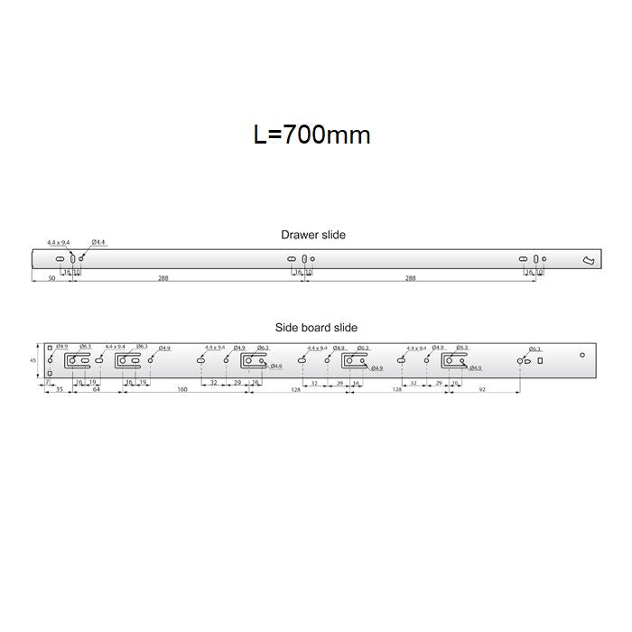 Coulisses pour tiroir avec amortisseur 700mm - Rainure 45mm (gauche et droite)