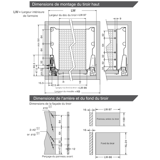 Système de tiroir à fermeture silencieuse, HAUT, H: 185mm, Argent 270-650mm