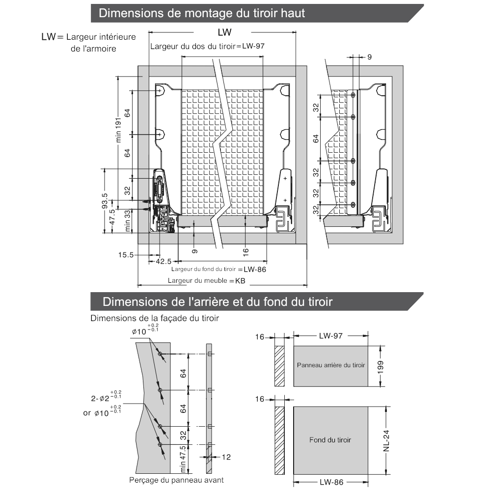 Système de tiroir à fermeture silencieuse, HAUT, H: 185mm, Blanc 400mm