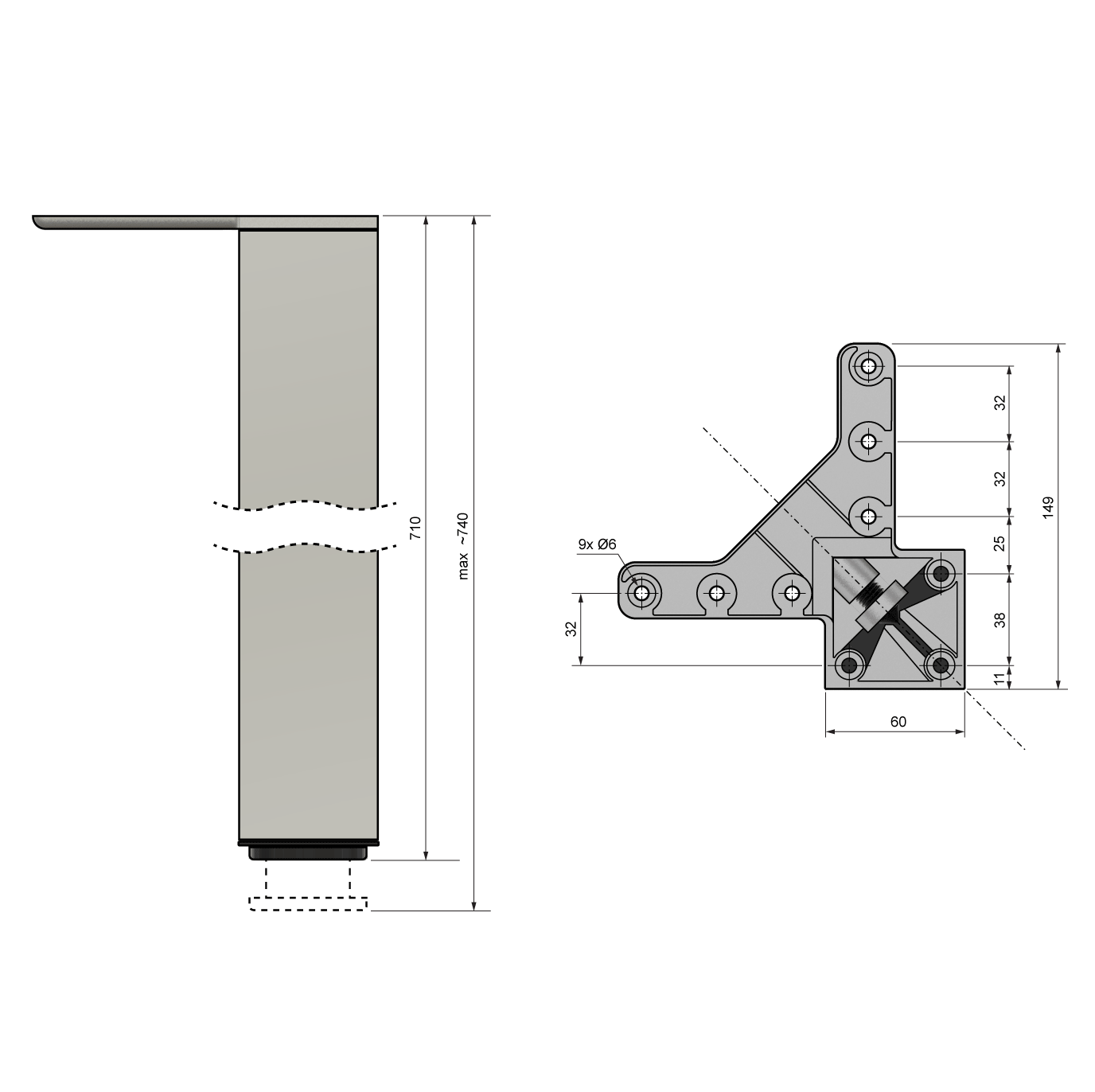 Pied de meuble carré réglable 710mm, Plaque de montage ZnAl - Aluminium Furnica