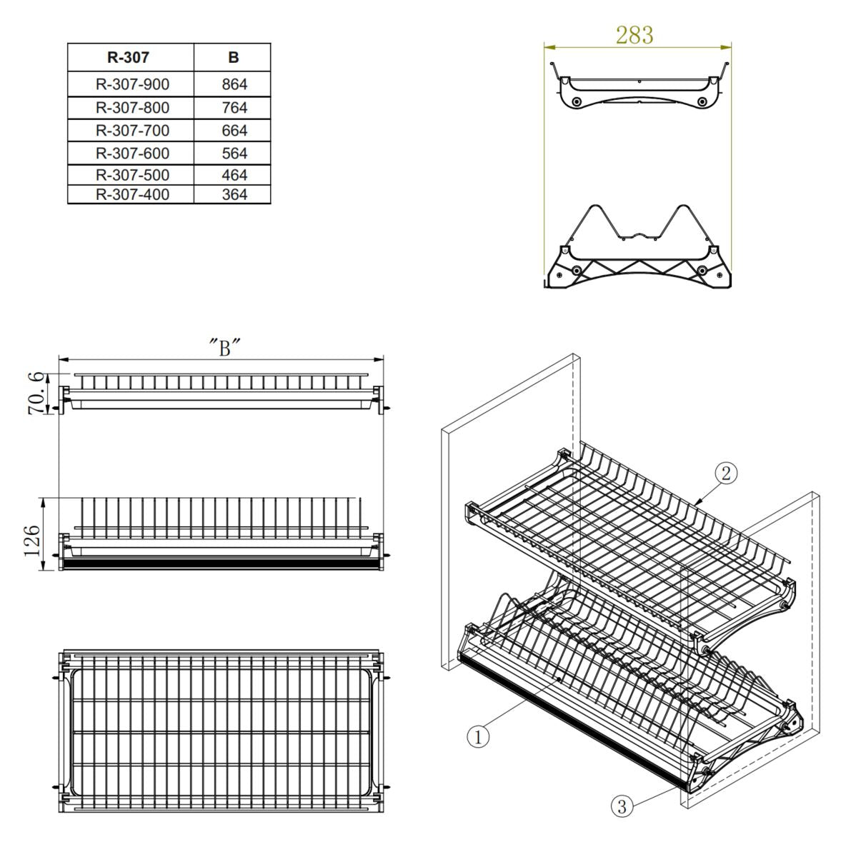 Plat égouttoir de séchage pour armoire de cuisine - Chrome 600mm Furnica