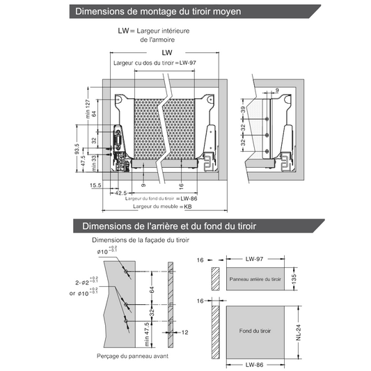 Système de tiroir à fermeture silencieuse, MOYEN, H: 142mm, Argent 270-650mm