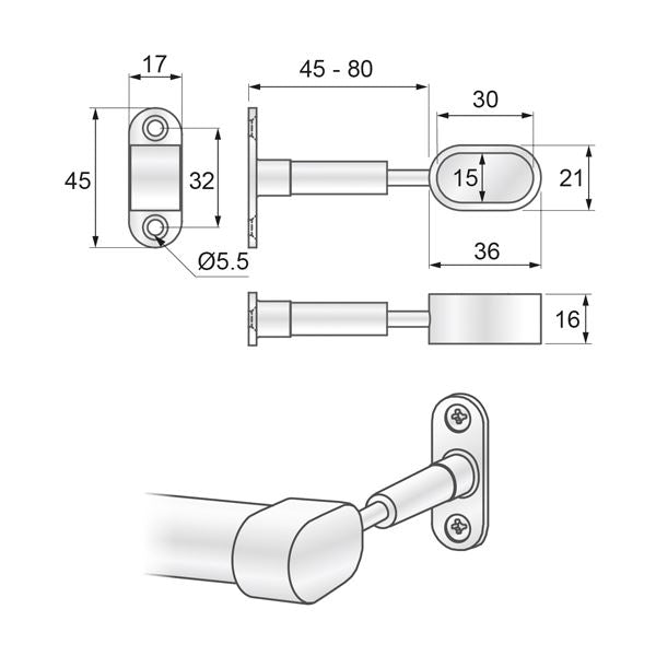 Support de barre ovale - fin 15x30mm, chrome NTP