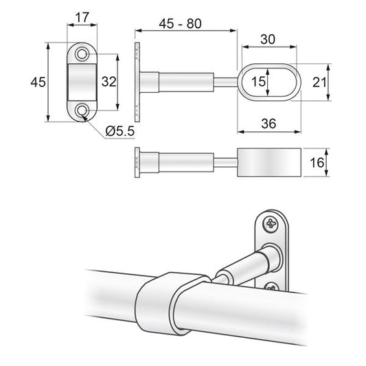 Support de distance barre ovale 15x30mm, chrome NTP