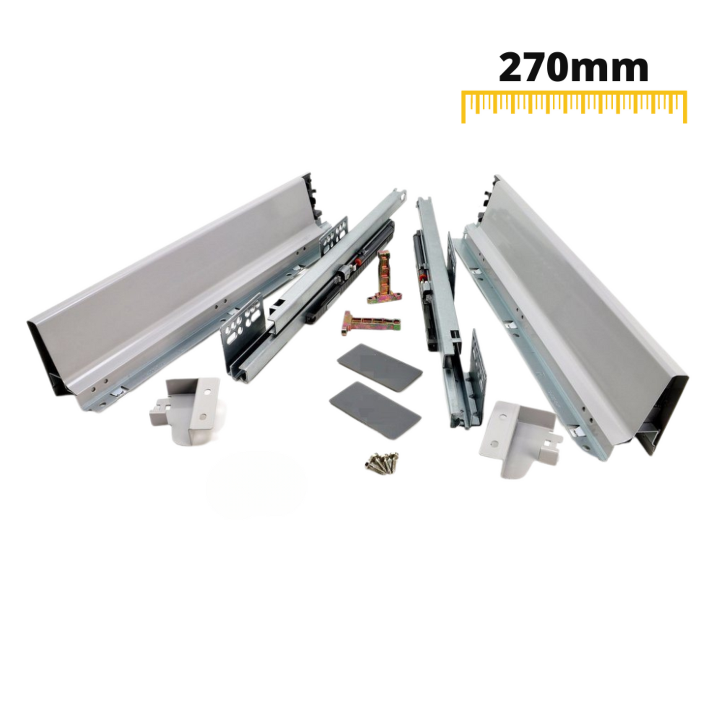 Système de tiroir à fermeture silencieuse, BASSE, H: 68 mm, Argent 270-650mm