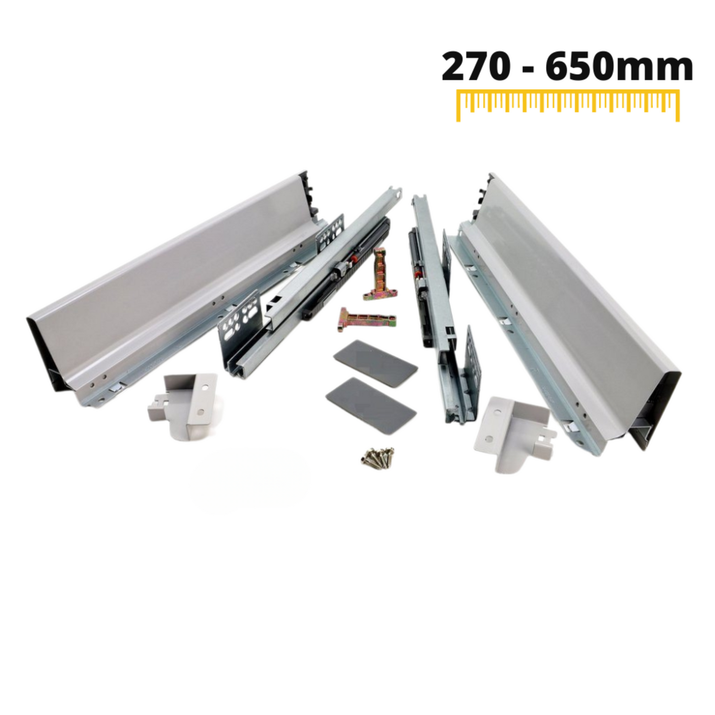 Système de tiroir à fermeture silencieuse, BASSE, H: 68 mm, Argent 270-650mm