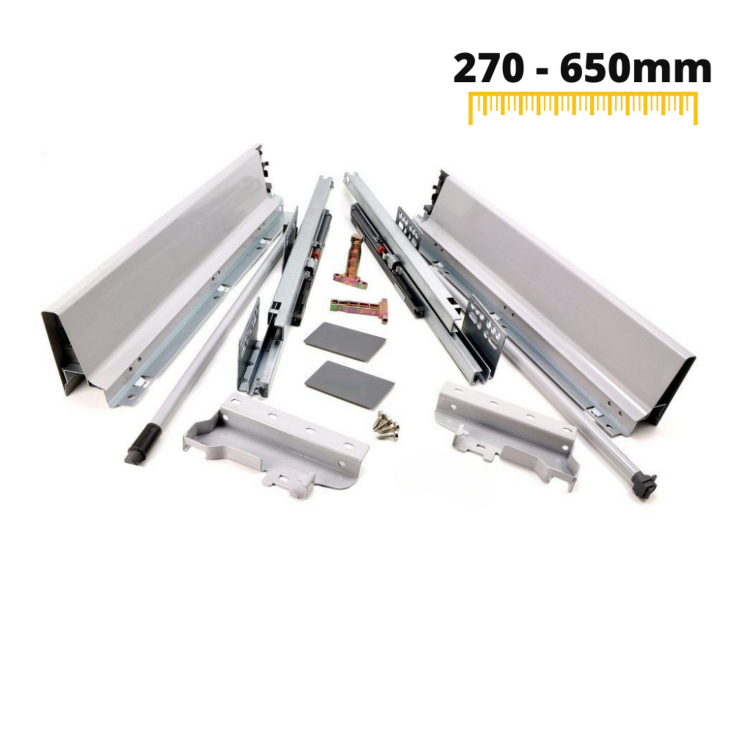 Système de tiroir à fermeture silencieuse, MOYEN, H: 142mm, Argent 270-650mm
