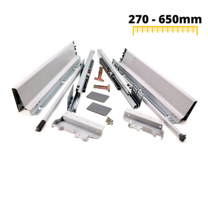 Système de tiroir à fermeture silencieuse, MOYEN, H: 142mm, Argent 270-650mm