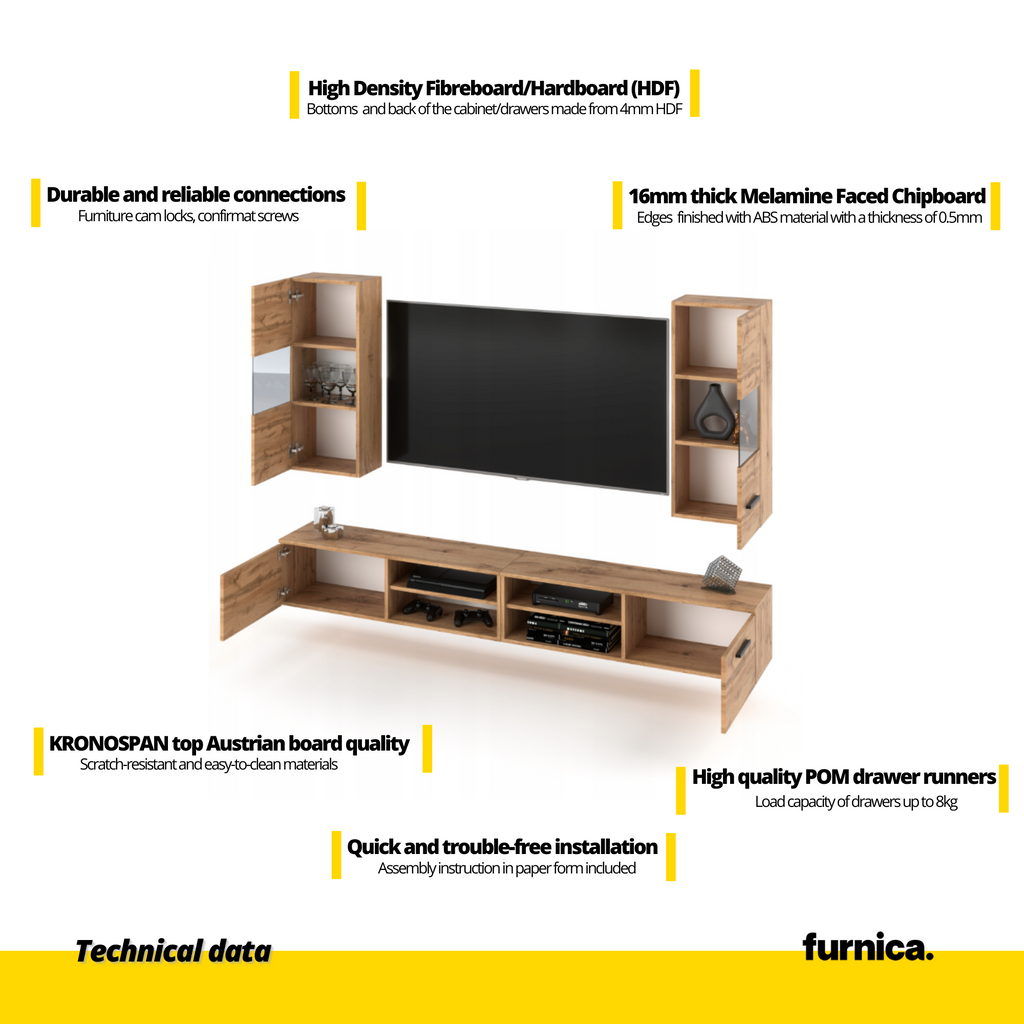 MIRANDA - Meuble TV Suspendu - 4 Armoires - Blanc Matt / Blanc Brillant