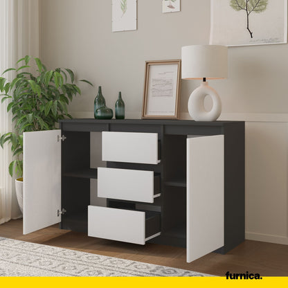 MIKEL - Commode 3 Tiroirs et 2 Portes - Armoire de Rangement pour Couloir/Chambre à Coucher - Buffet - H75cm L120cm P35cm (Anthracite/Blanc)