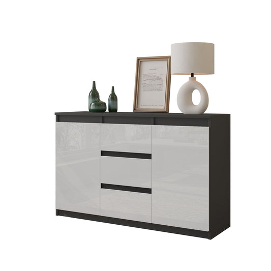 MIKEL - Commode 3 Tiroirs et 2 Portes - Armoire de Rangement pour Couloir/Chambre à Coucher - Buffet - H75cm L120cm P35cm (Anthracite/Blanc Brillant)