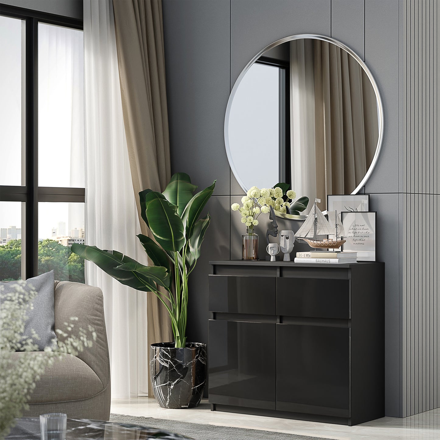 NOAH - Commode 2 Tiroirs et 2 Portes - Meuble de Rangement pour Couloir / Chambre - Buffet - H75cm L80cm P35cm (Anthracite / Noir Brillant)